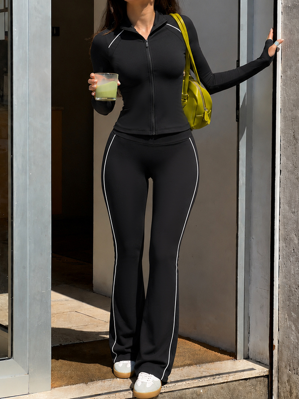 SHEIN Dewbera 2PCS Women's Autumn/Winter Sports Set Black Tight-Fitting Influencer Style Top Full Zip Stand Collar Long Sleeve With Finger Holes Shoulder 4-Needle 6-Thread Split Contrast Color Strip Split Women's Sports Jacket And Regular Waist Side Flat Patching Two Elastic Rib Flare Leg Opening Women's Sports Flare Pants Sports Long Pants Suitable For Daily Casual, Fashion Versatile, Running, Yoga