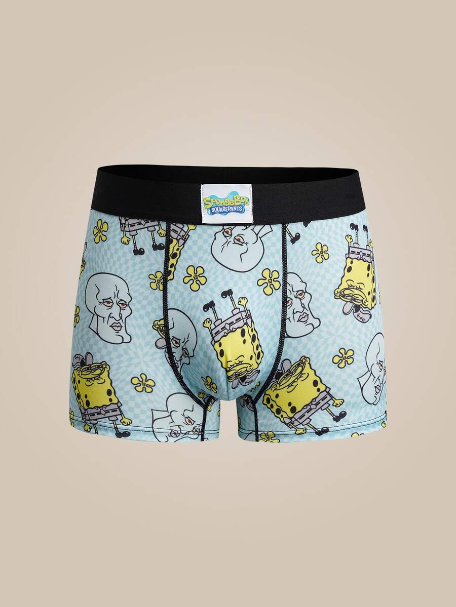 SpongeBob SquarePants | SHEIN Quần boxer nam cạp chun in họa tiết hoạt hình phong cách thường ngày - màu đen - Xem 1