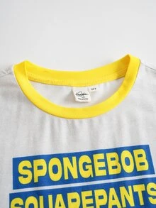 SpongeBob SquarePants | SHEIN 大童男孩字母卡通印花短袖上衣與短褲休閒日常居家睡衣套裝 - 淺灰色 - 查看 3