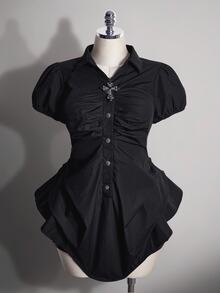 SHEIN ICON Plus Size Women's Summer Retro Goth Casual Sexy Millennial Style Y2K Gothic Halloween Outfit: Puff Sleeve Black Shirt Going Out Night Club Party - Black - View 1