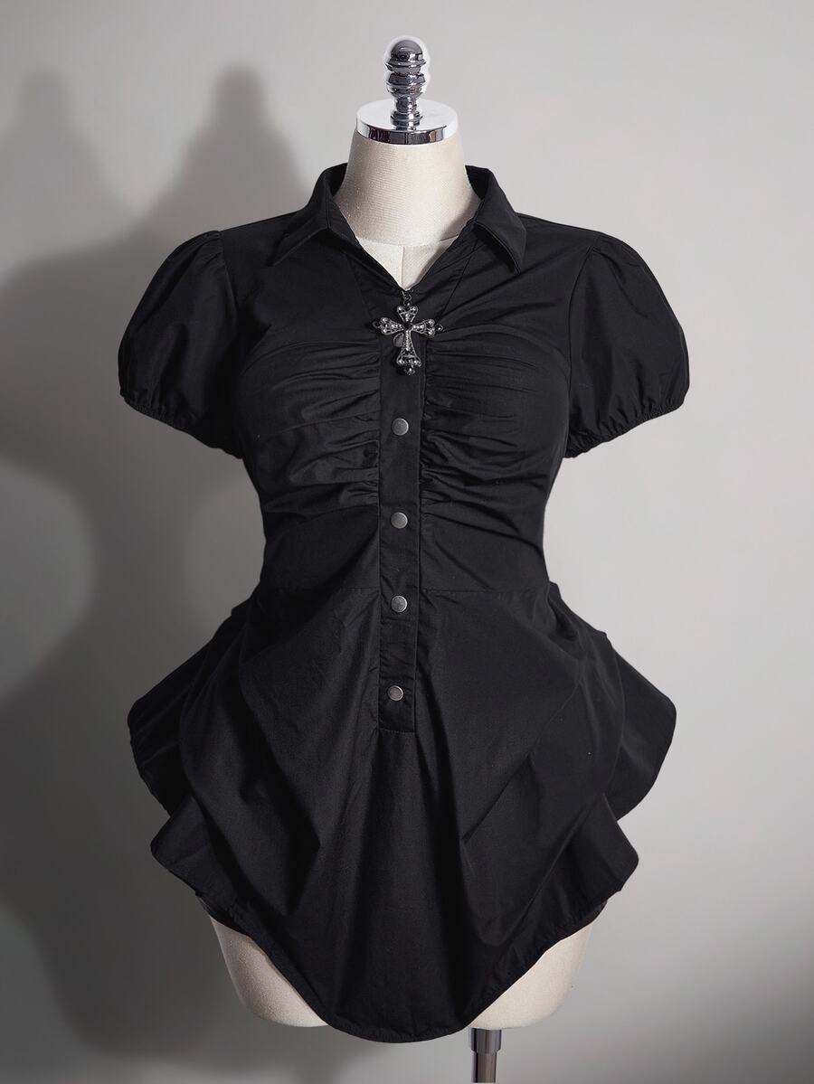 SHEIN ICON Plus Size Women's Summer Retro Goth Casual Sexy Millennial Style Y2K Gothic Halloween Outfit: Puff Sleeve Black Shirt Going Out Night Club Party - Black - View 1