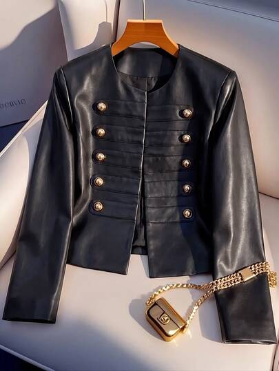 SHEIN Clasi Women's Solid Color PU Leather Casual Versatile Daily Long Sleeve Jacket