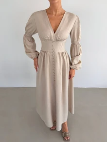 Siren Gaze Solid Color Elegant V-Neck Shirt Dress With Silk Button Details, Cream Color, Autumn - Apricot - View 4