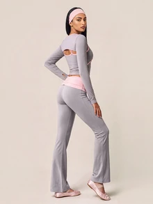 SHEIN BAE Women Light Pink High Waist Flare Pants Gym Workout Training Running Yoga Athletic Low Waisted Activewear Pilates Gym Summer - Light Grey - View 6