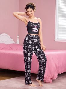 HELLO KITTY AND FRIENDS | SHEIN Women's Cartoon Print Camisole & Long Pants Pajama Set - Black - View 4