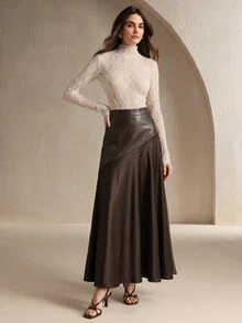 Anewsta Women's Elegant Skirt, Versatile Casual Commute PU Patchwork Satin Skirt - Coffee Brown - View 5