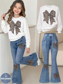 SHEIN Tween Girls' Autumn/Winter Leopard Print Bow Set, Fall Outfits, Fall Tops, Holiday Outfits, Casual, Comfortable - Multicolor - View 3