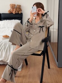 Napfluff Striped Print Bow Tie Decor Lapel Cardigan & Pants 2 Pieces Set Loungewear - Multicolor - View 1