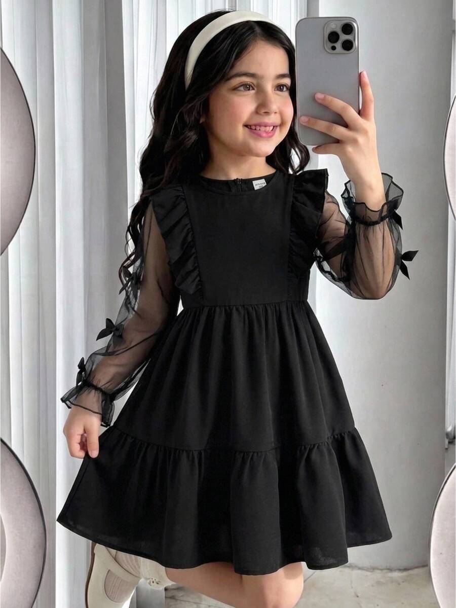 SHEIN Kids Young Girl Casual Daily Fashion Petal Sleeve Black Round Neck Patchwork A-Line Dress - Black - View 1