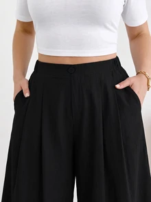 Shapeblank Celana Panjang Ukuran Besar Kasual Serbaguna Warna Polos dengan Potongan Lebar - Hitam - View 5