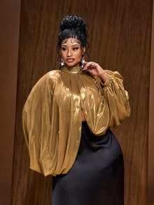 Maweii Plus Size Women's Sexy Metallic Split Hem Party Blouse - Gold - View 1