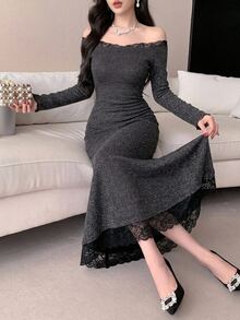 DAZY Women's Square Neck Lace Patchwork Soft Fitted Long Dress Fall - Dark Grey - View 1