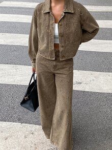 DAZY Women's Rhinestone Decorated Short Jacket And Loose Straight Leg Pants Vacation Style Brown Denim Set - Khaki - View 6