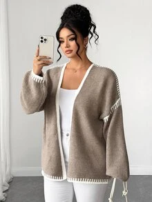 Elenzga Plus Size Women's Loose Lazy Flattering Slimming Thick Dropped Shoulder Long Sleeve Knit Cardigan - Khaki - View 3