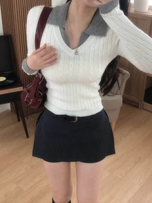 DAZY Suéter de mujer con cuello de solapa de color contrastante, manga larga, estilo coreano para otoño/invierno - Gris - Ver 9