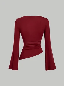 SHEIN MOD 女款 2 件組 酒紅與杏色圓領抓皺喇叭袖收腰不對稱下擺百搭長袖 T-shirt 打底衫 - 棕色 - 查看 6