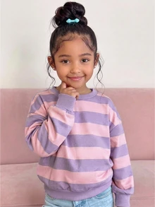 Young Girl Knit Striped Crew Neck Loose Casual Sweatshirt, Fashionable Versatile, Suitable For Outdoor Wear, Colorful Striped Pattern Design, Suitable For Street Photography, Suitable For Camping, Back To School Fall Clothes - Multicolor - View 8