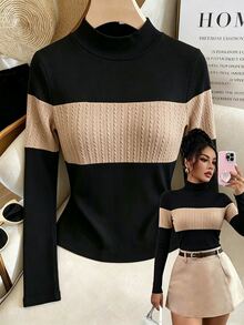 SHEIN Raffinéa تي شيرت نسائي أنيق كاجوال ريترو للتنقل بتصميم كتل لونية وأكمام طويلة محبوكة، توب أساسي قصير بقصة ضيقة للخريف، مناسب للارتداء كطبقة علوية وللخروجات للنساء - الأسود - مشاهدة 4