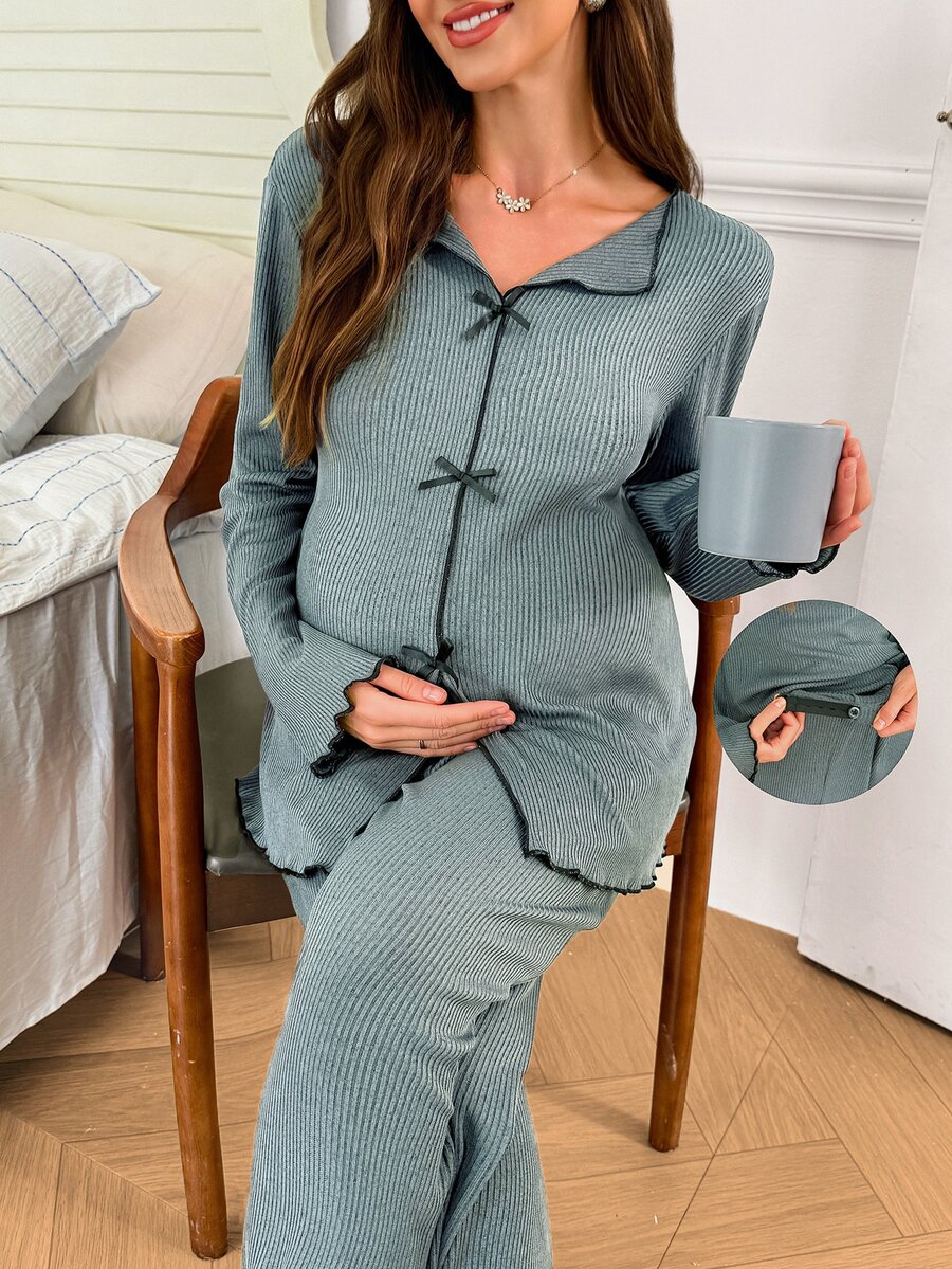 Moonlight&Mama Casual Solid Color Ribbed Fabric Collared Long Sleeve Pullover Top With Bow Detail And Pants Maternity Loungewear Set, Comfortable Home Wear - Navy Blue - View 1