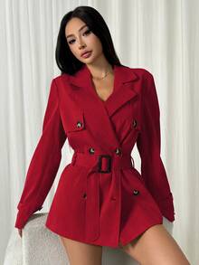 SHEIN EZwear 秋冬雙排扣收腰中長款風衣 - 紅色 - 查看 3