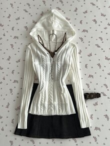 Elamini Soft Cream White Cable Knit Fitted Collar Sweater For Women - White - View 1