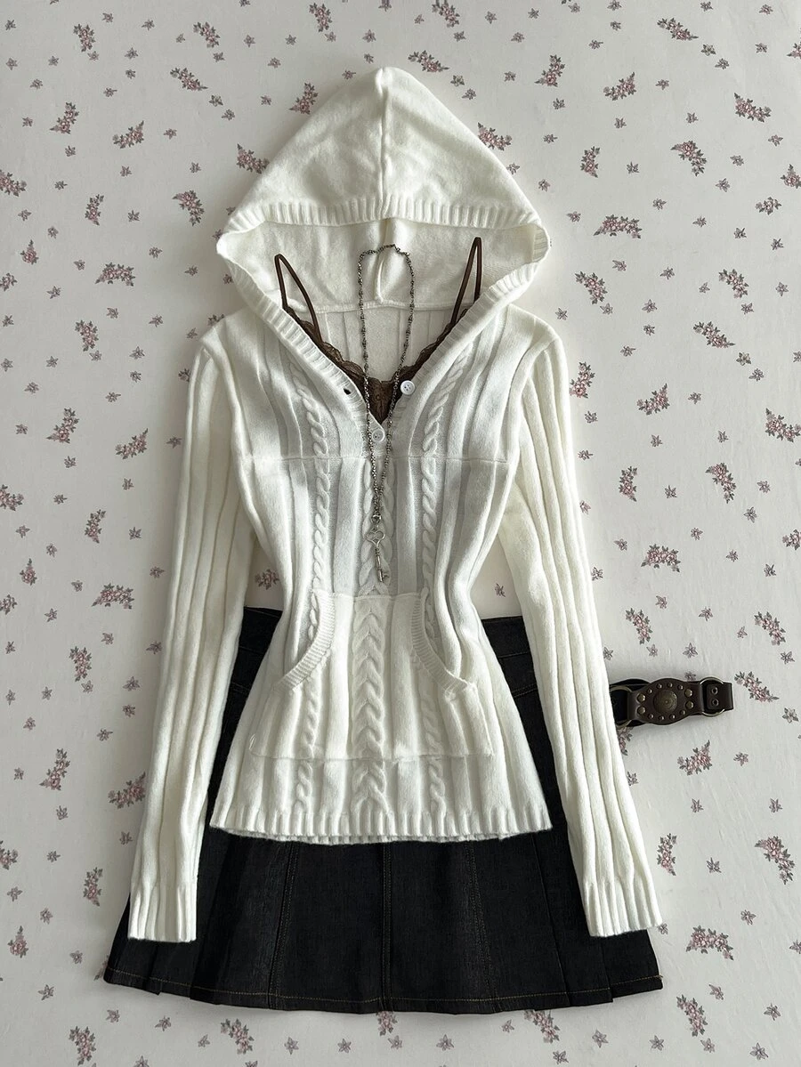 Elamini Soft Cream White Cable Knit Fitted Collar Sweater For Women - White - View 1