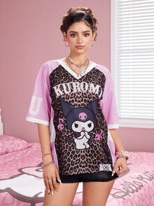HELLO KITTY AND FRIENDS | SHEIN Women's V-Neck Letter Cartoon Graphic Casual Daily T-Shirt - Brown - View 3