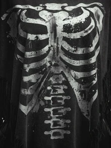 SHEIN ICON Plus Size Y2K Vintage Distressed Skull Print Fringe Cape Top Halloween - Black - View 6