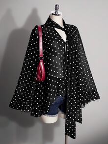 SHEIN ICON Áo sơ mi chiffon cổ chữ V thắt nơ ruy băng, tay chuông rộng, chấm bi phong cách vintage Y2K, xuyên thấu, viền bèo nhún, dáng rộng, size lớn - Đen và trắng - Xem 4