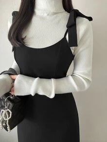FRIFUL Gaun Tank Panjang Berlapis dengan Tali Ikat di Belakang untuk Wanita di Musim Gugur - Hitam - View 6