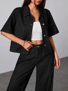 SHEIN PETITE 女款時尚單排扣口袋牛仔外套 外出早午餐旅行上衣 日常黑色夏季休閒基礎街頭風 - 黑色 - 查看 1