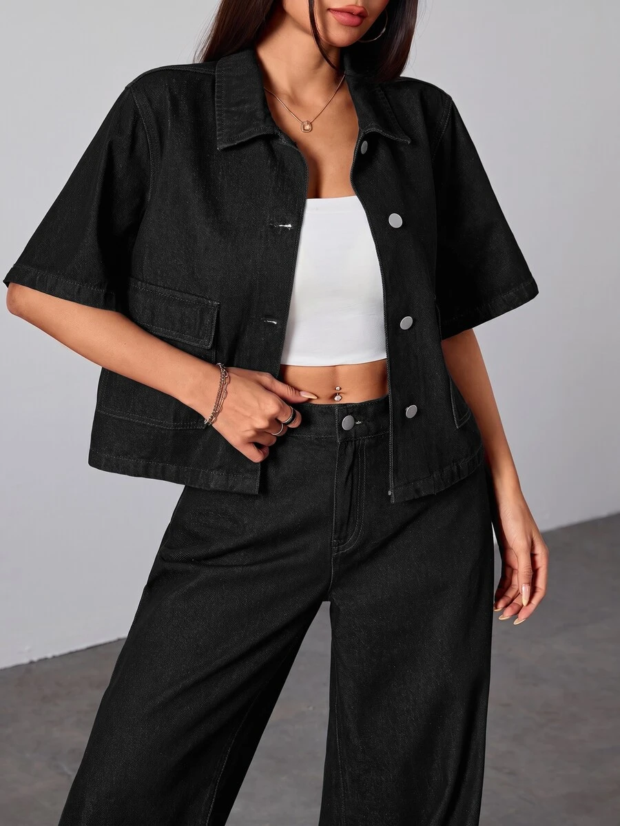 SHEIN PETITE 女款時尚單排扣口袋牛仔外套 外出早午餐旅行上衣 日常黑色夏季休閒基礎街頭風 - 黑色 - 查看 1