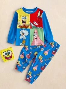SpongeBob SquarePants | SHEIN ملابس منزلية ضيقة للرضيع الذكر بقمة ذات رقبة مستديرة وأكمام طويلة وبنطال طويل - الأزرق - مشاهدة 1