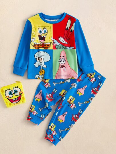 SpongeBob SquarePants | SHEIN Baby Jungen Rundhals Langarm Top und lange Hose eng anliegende Loungewear