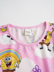 SpongeBob SquarePants | SHEIN Young Girl Rainbow Print Round Neck Short Sleeve Dress - Multicolor - View 4