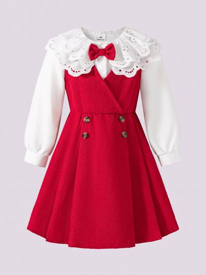 Elladie kids 返校季女童英式學院風兩件式洋裝套裝，4-7歲兒童校服，彼得潘領長袖襯衫搭配優雅蝴蝶結裝飾，雙排扣V領背心洋裝套裝，女童春夏輕正式洋裝，鋼琴表演服裝，校園合唱團制服，時尚公主風日常穿著洋裝