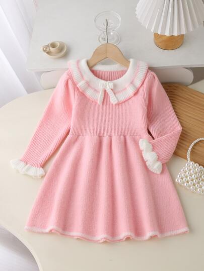 Girls' Knit Sweater Dress With Turn-Down Collar, Textured Jacquard, Bow Decor, Ruffle Pleated Shoulders, Cute Elegant Casual AI-Inspired Style, Fashionable Versatile Urban Sophisticated Autumn/Winter Outfit, Soft Watercolor Low-Saturation Minimalist Solid Color, Soft Fabric