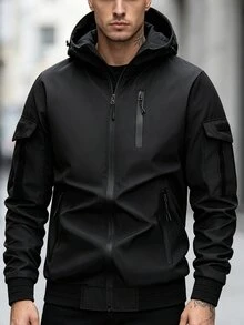 Manfinity Homme 男士純色拉鍊連帽休閒外套，百搭日常穿著 - 黑色 - 查看 1