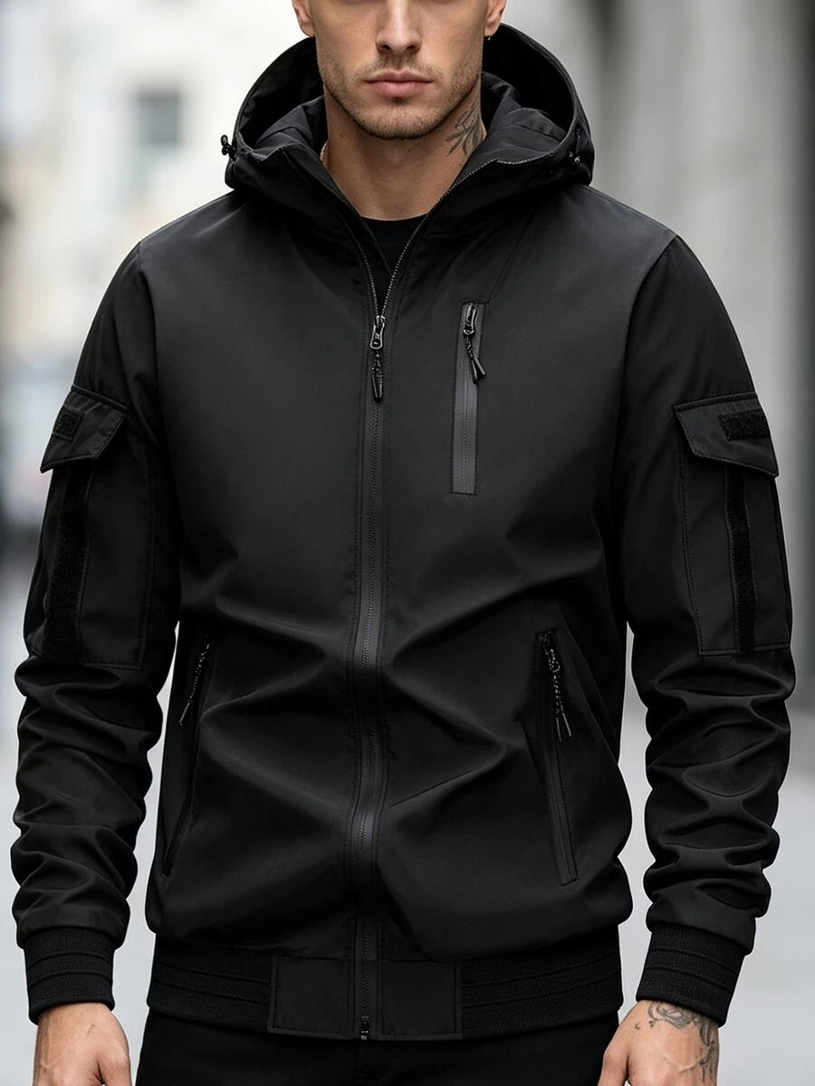 Manfinity Homme 男士純色拉鍊連帽休閒外套,百搭日常穿著 - 黑色 - 查看 1