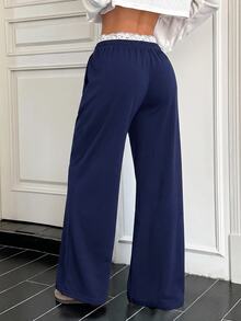 SHEIN EZwear Women's Casual Comfortable Navy Blue Solid Color With White Lace Patchwork Long Pants, Fall Clothes For Women, Winter Clothes For Women, Fall Winter 2026 - Royal Blue - View 2