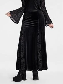 Breakform Gothic Goth Elegant Style Black Flocked Bat Cutout Women's Fashion Mesh Patchwork Elastic Waist Fitted Midi Skirt Halloween Party Autumn - Black - View 5