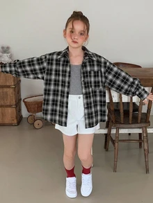 Hapijoa 大童女孩秋季服飾 大號翻領短袖襯衫 夏季 - 黑與白 - 查看 5