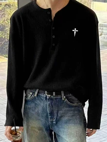Resyla Men 男士印花半開襟鈕扣長袖T恤，萬聖節度假節日款，黑白配色，秋季街頭風 - 白色 - 查看 3