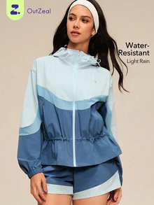 OutZeal Women Sports Jacket Gym Workout Water-Resistant Mesh Panel Ruffled Hem Hooded Jacket - Blue - View 1