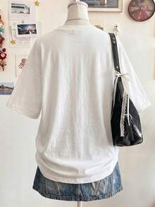 Lalippa Five-Point Star Digital Print Patchwork Embroidery Fashion Minimalist Women's Super Loose Mid-Length Round Neck Drop Shoulder T-Shirt, Friend's Gift - White - View 2