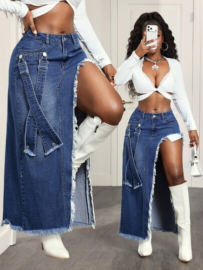 Slaydiva Rok Denim Kasual Wanita dengan Saku, Belahan Samping di Bagian Bawah, dan Tepi Berumbai