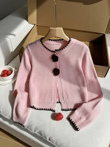 青少年女孩 3D 花卉裝飾長袖針織開襟衫 - 粉色 - 查看 4