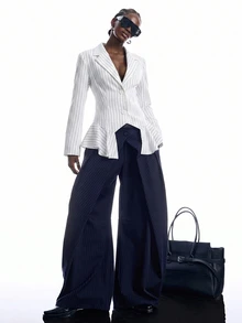 LYSMO Women's Striped Lapel NeckLong Sleeve Ruffle Hem Fashion Blazer - White - View 6
