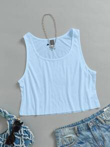 SHEIN EZwear 女款休閒寬鬆短版大U領背心，淺藍色 - 淺藍色 - 查看 3