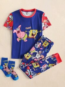 SpongeBob SquarePants | SHEIN Tween Boy Cartoon Print Short Sleeve Top And Fitted Long Pants Loungewear Set - Blue - View 1
